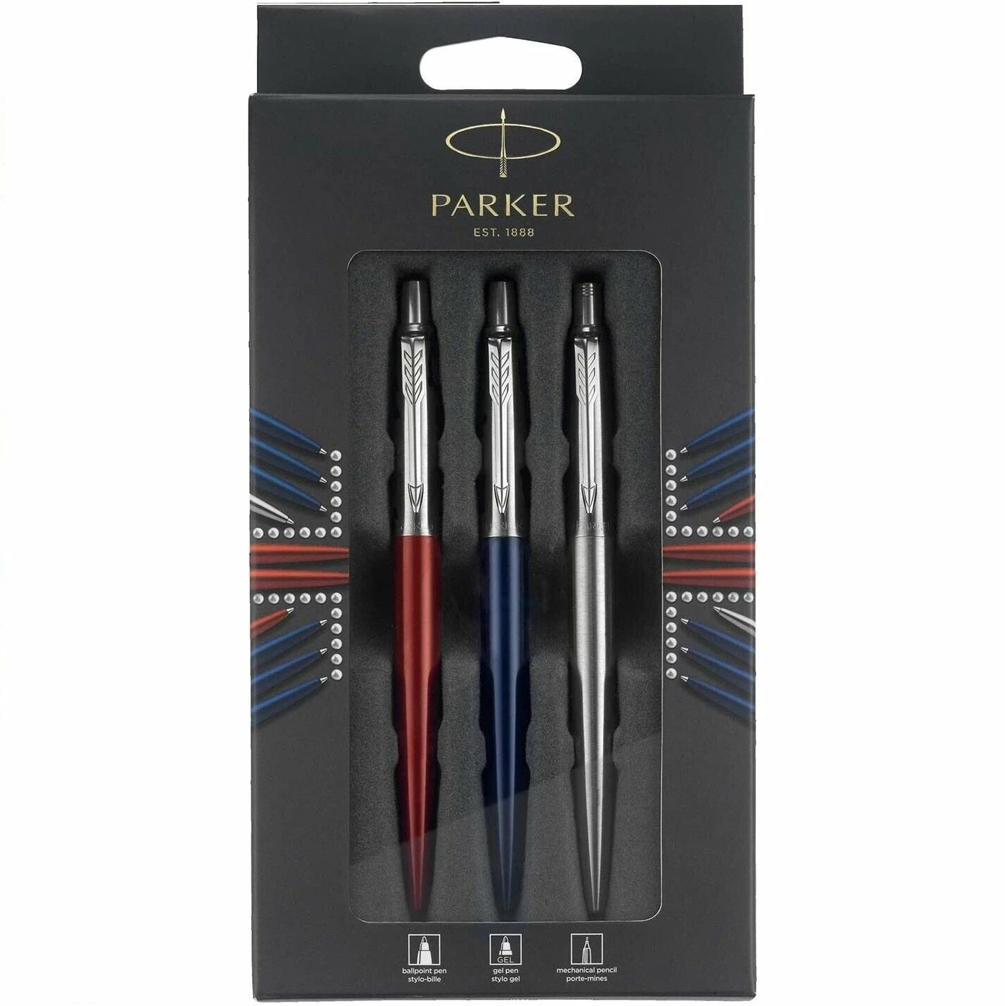 Parker® Parker 3-Piece Jotter Set, Blue Ballpoint Pen, Red Gel Pen, Stainless Pencil 1 Parker® Parker 3-Piece Jotter Set, Blue Ballpoint Pen, Red Gel Pen, Stainless Pencil
